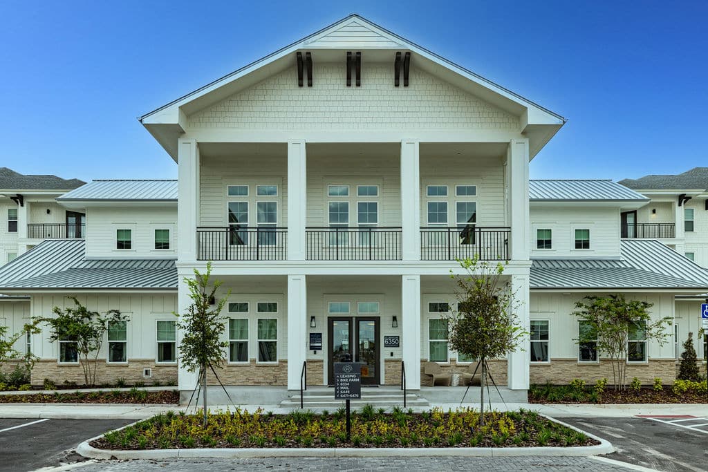 Exterior view of the front entrance of Ridley at Waterset's clubhouse in Apollo Beach, FL.